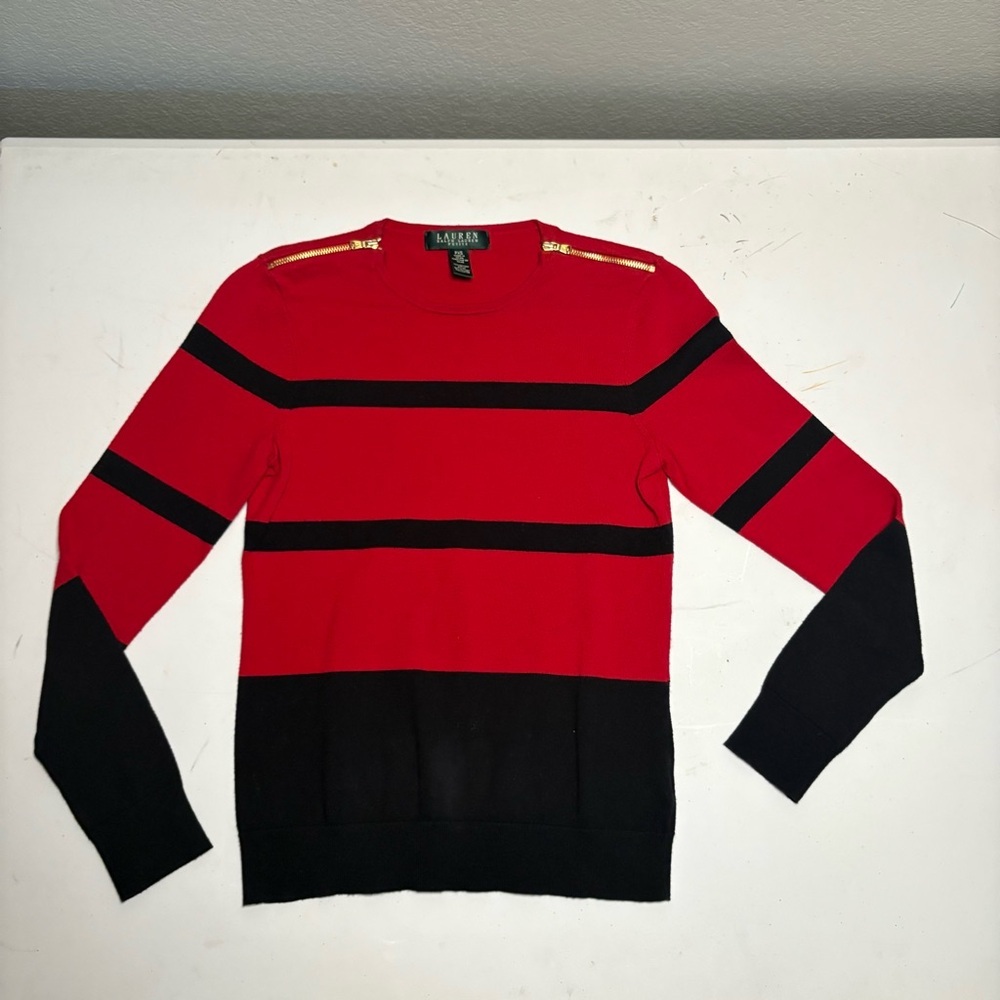 Ralph Lauren Women’s Red and Black Crewneck Sweater
